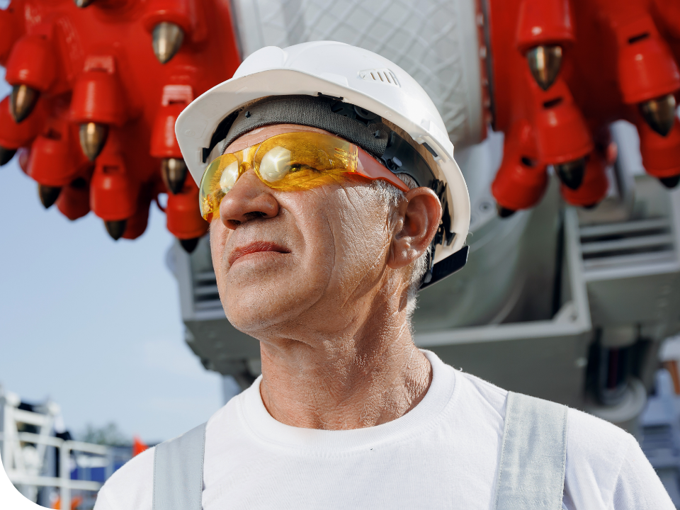 Ein Mann mit Schutzhelm und Schutzbrille steht im Vordergrund, mit dem Blick nach oben gerichtet. Im Hintergrund ist ein Teil einer großen, roten Maschine mit spitzen, metallischen Zähnen zu sehen. Der Himmel ist blau und teilweise bewölkt.
